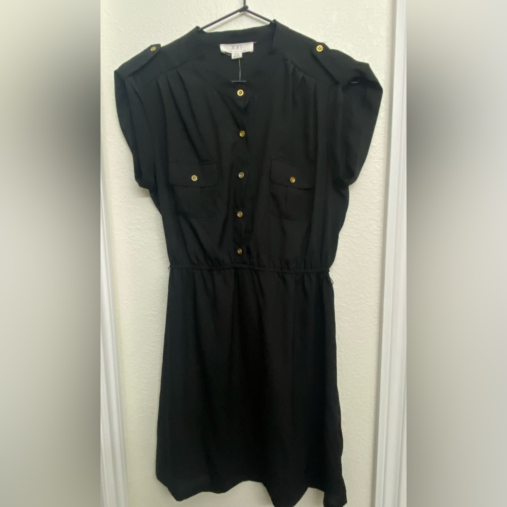 Black medium sleeved dress with gold colored buttons, medium NWT